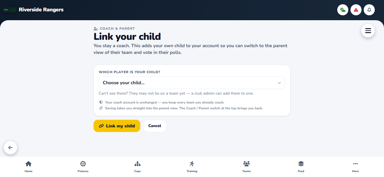Link your own child to your coach account
